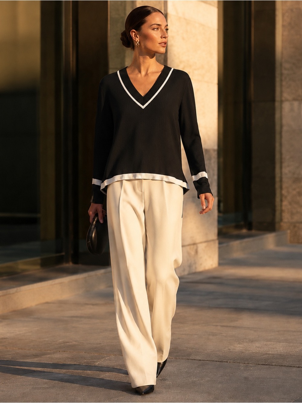 Elan Black White Classic V-Neck Ribbed Sweater S NWT